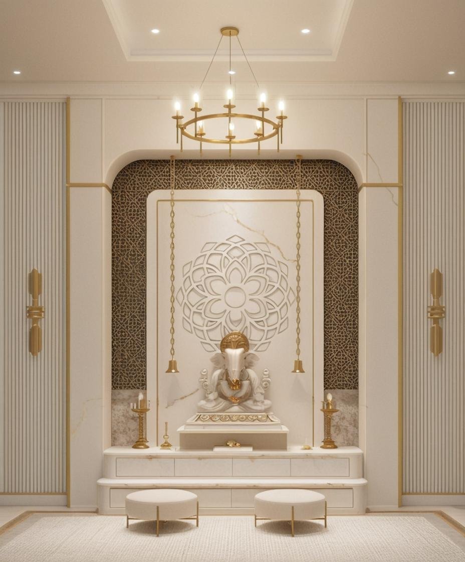 An elegant prayer or meditation space with a white and gold aesthetic. Features a white elephant sculpture adorned with gold, flanked by candles and decorative fixtures, with a large intricate floral design on the wall behind.