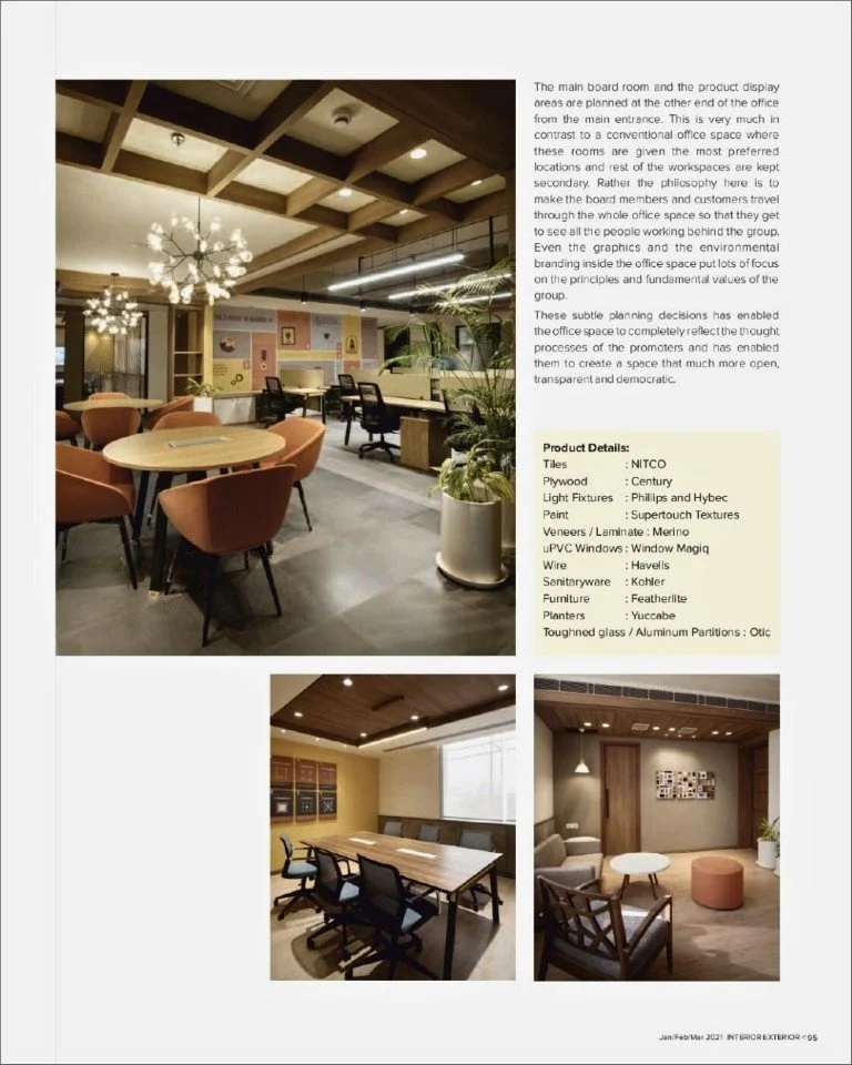 An office interior featuring a lounge area with a large round table surrounded by peach-colored chairs, a chandelier, and various plants. The space has a modern ceiling design, wood accents, and a mix of seating options, with a display of product details on the right. There are two smaller images below showing a conference room with a rectangular table and chairs, and a sitting area with armchairs and a small round table.