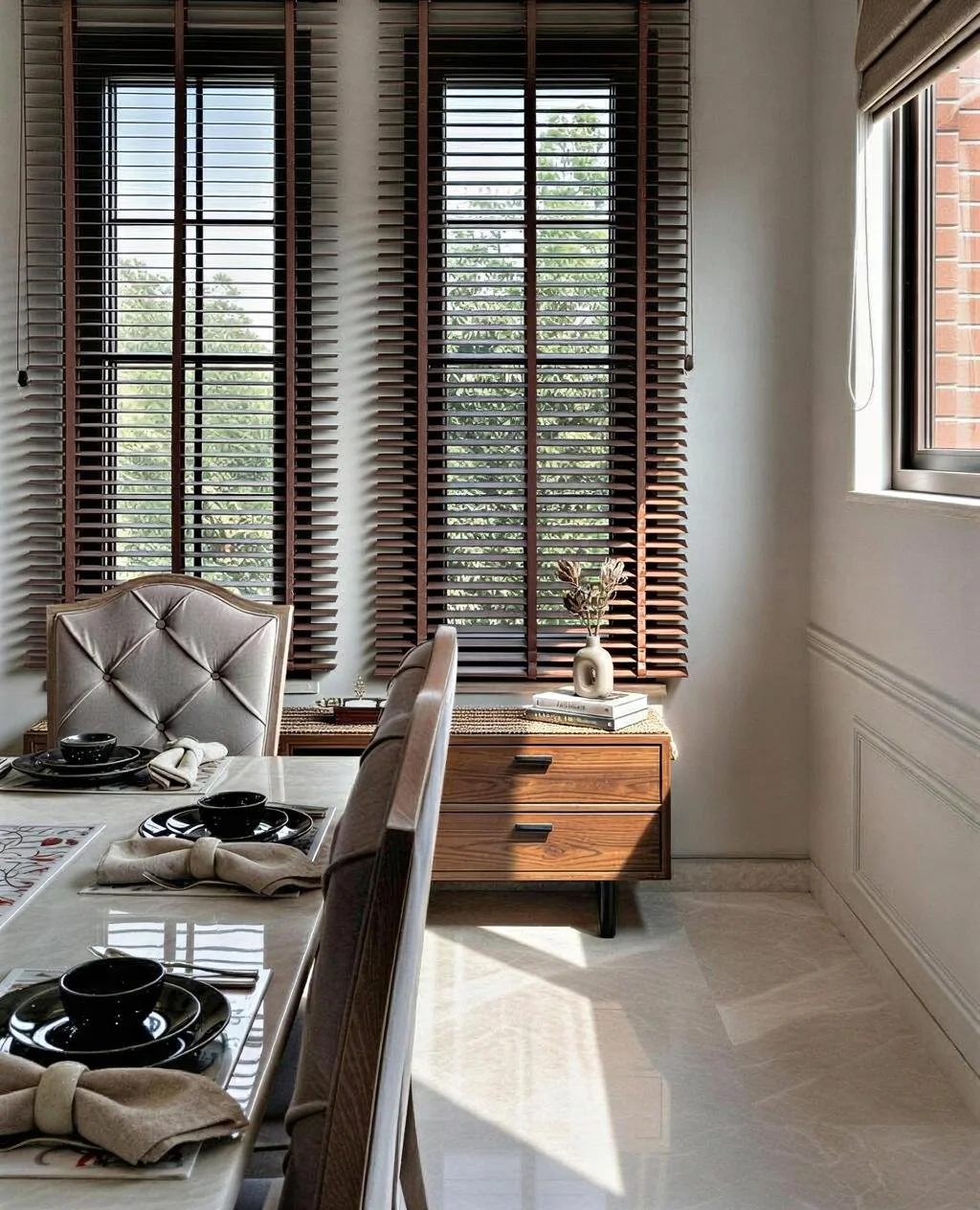 A dining room with a table set with black dishes, beige napkins, and white placemats, adjacent to a window with wooden blinds and a side table with a vase of dried flowers.