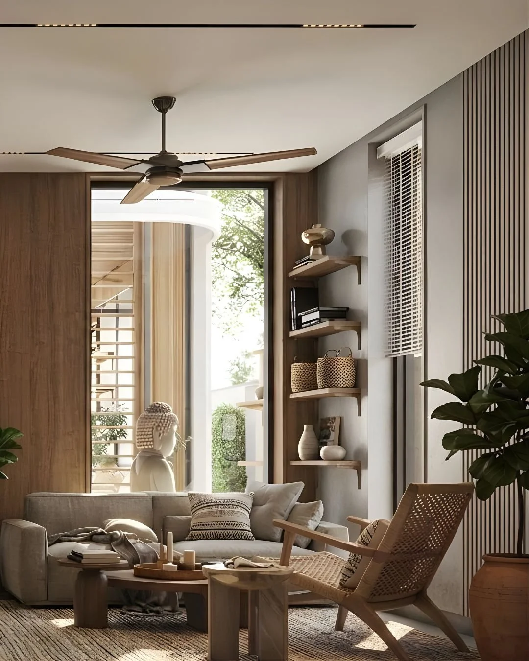 Modern living room with a grey sofa, patterned pillows, wooden shelving with decorative items, a wooden chair, potted plant, large window allowing natural light, and a ceiling fan.