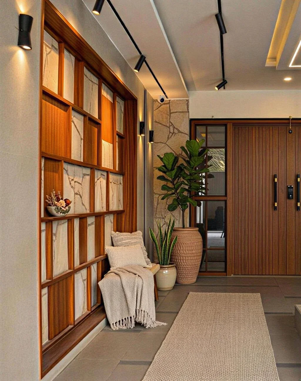 Modern entryway with wooden accent wall, potted plants, a bench with pillows and a blanket, and a wooden door.