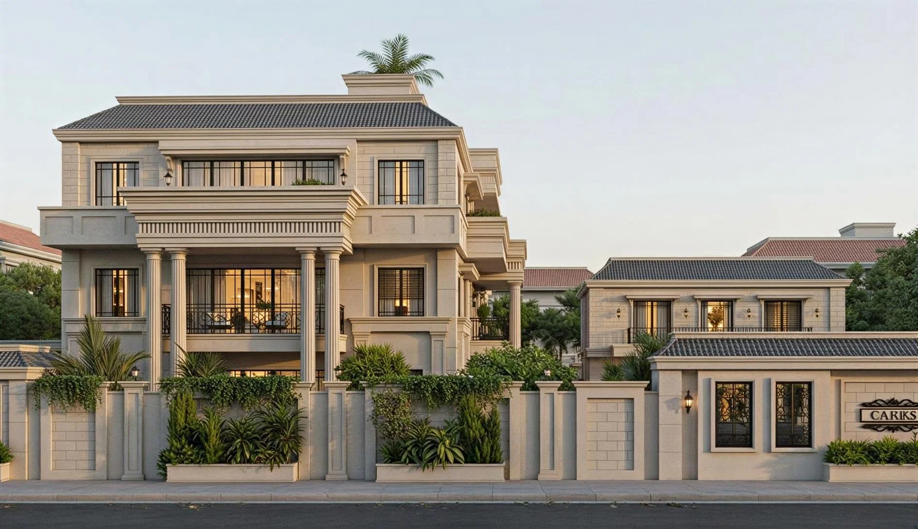 A large, luxurious three-story house with a stone exterior, columns at the entrance, and a balcony. The house is surrounded by a stone wall with greenery and plants. There are three people walking on the sidewalk in front of the house, and trees are visible on the sides.