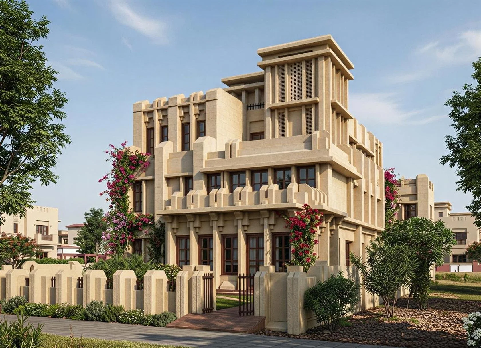Modern multi-story beige building with intricate architectural design, surrounded by greenery, bushes, and flowering plants, under a clear blue sky.