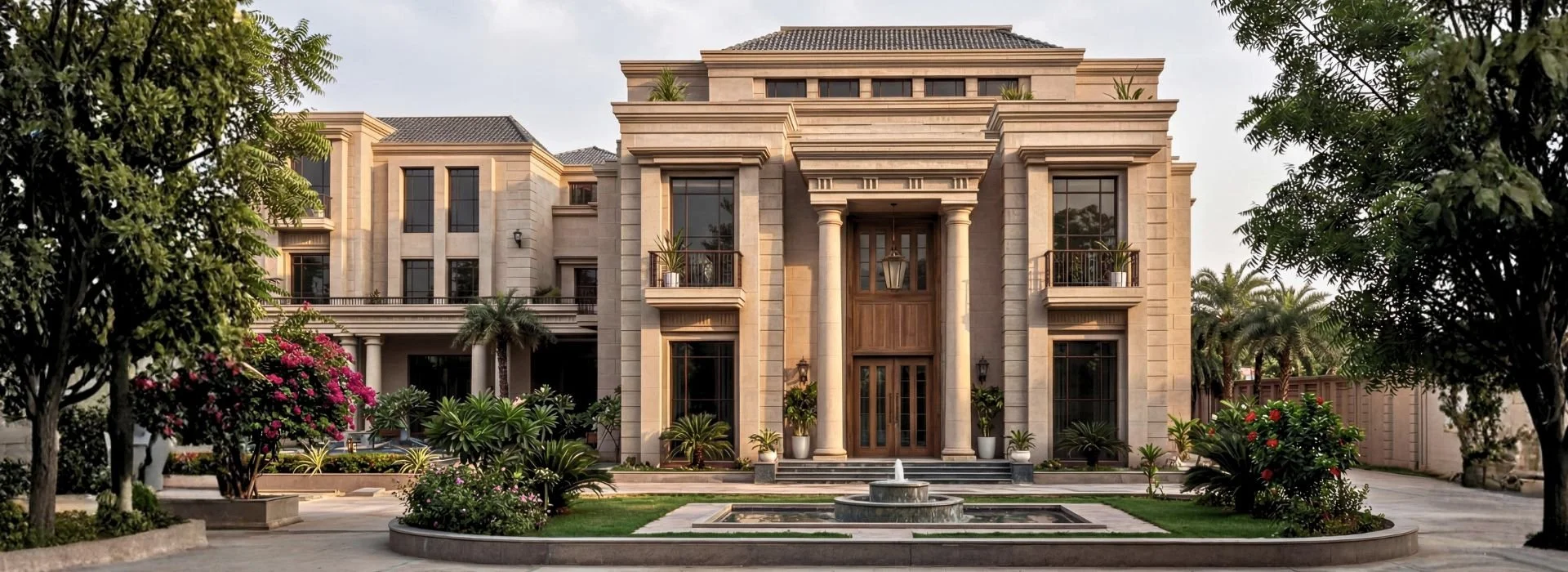 Large luxury house with grand entrance, columns, and fountain in front yard, surrounded by lush greenery and colorful flowers.