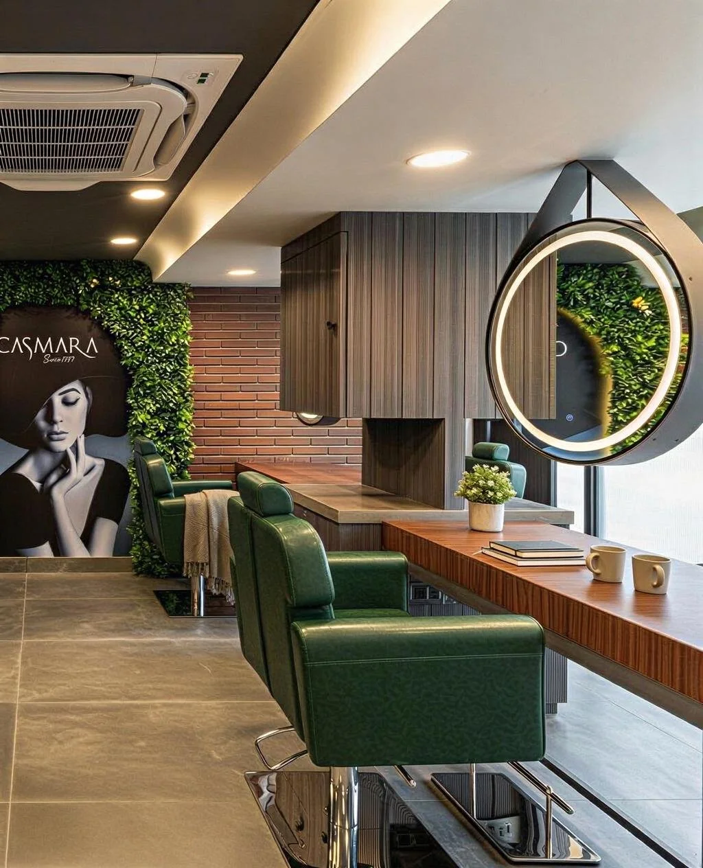 Modern interior of a salon with green chairs, a wooden counter, a large round mirror, and a decorative green wall with plants, a black and white portrait, and books and coffee mugs on the counter.