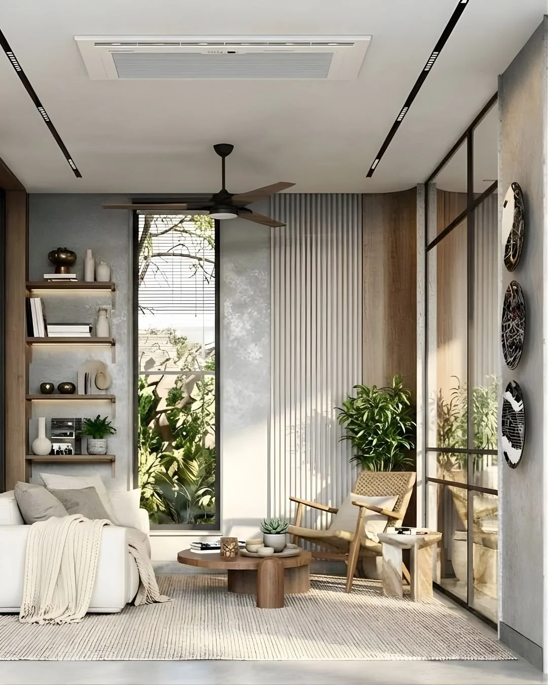 Modern living room with large window, ceiling fan, wooden furniture, patterned wall decor, plants, and neutral-toned cushions.