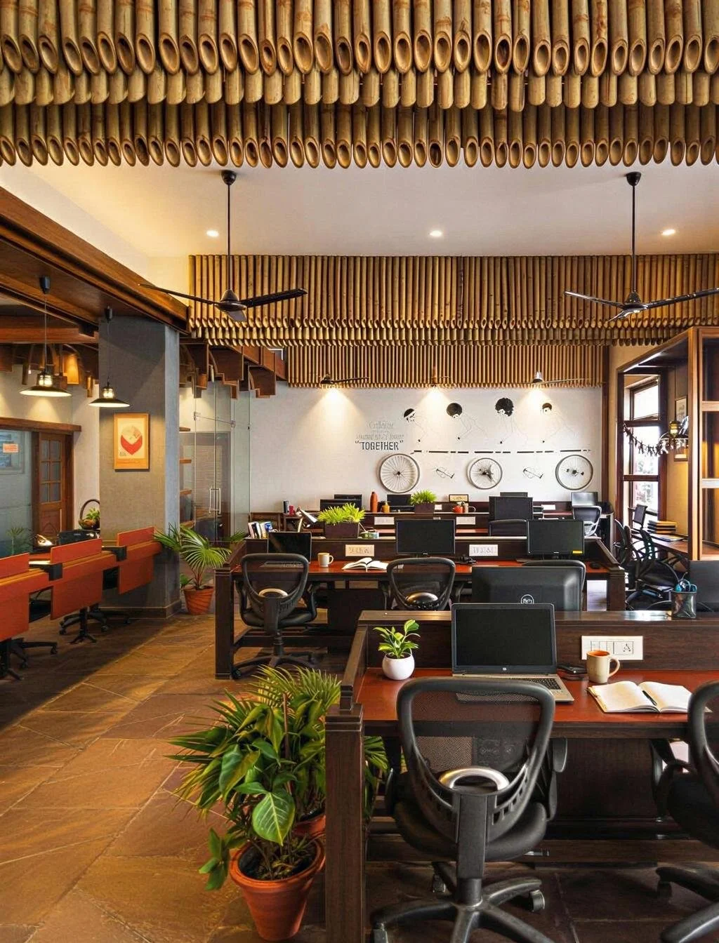 Modern office space with multiple desks and computer monitors, black office chairs, potted plants, wooden ceiling and wall decor, and wall art featuring bicycles.