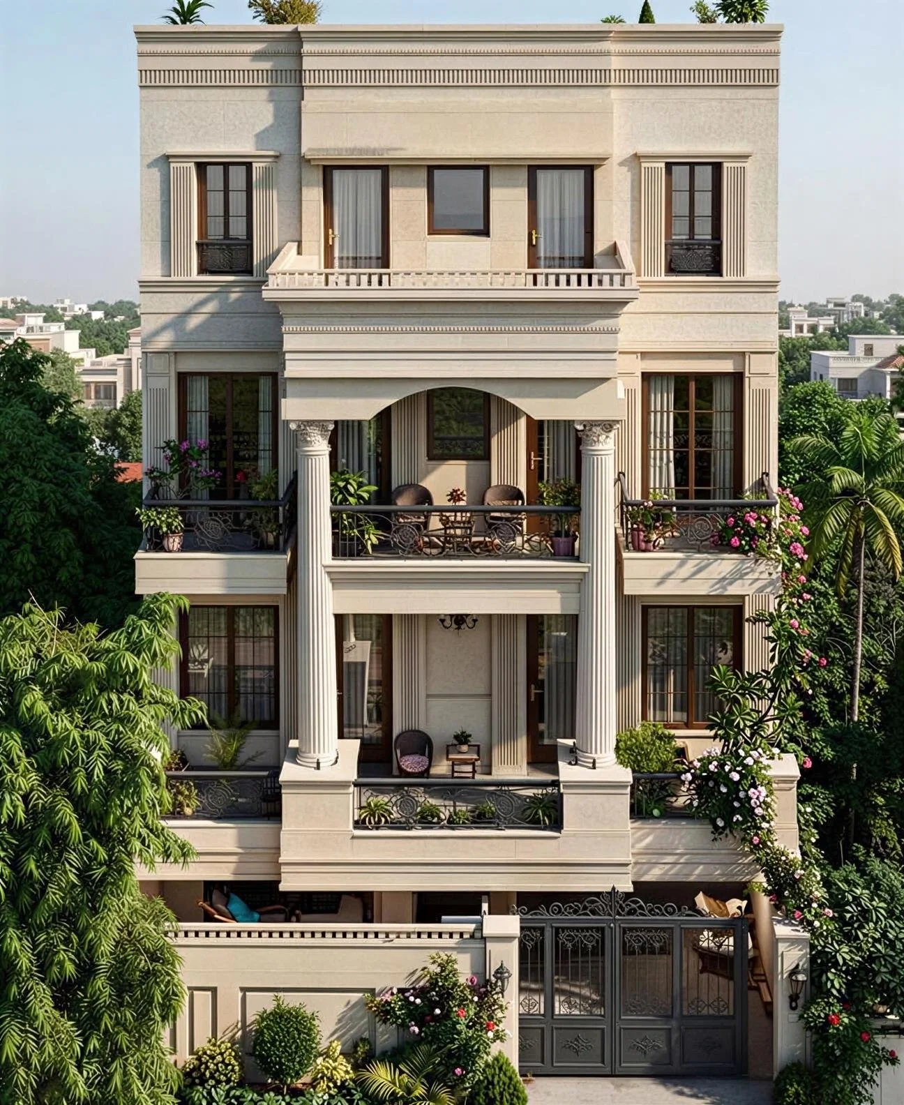 Multi-story elegant mansion with classical architectural features, including large columns, balconies with decorative railings, and lush garden plants.
