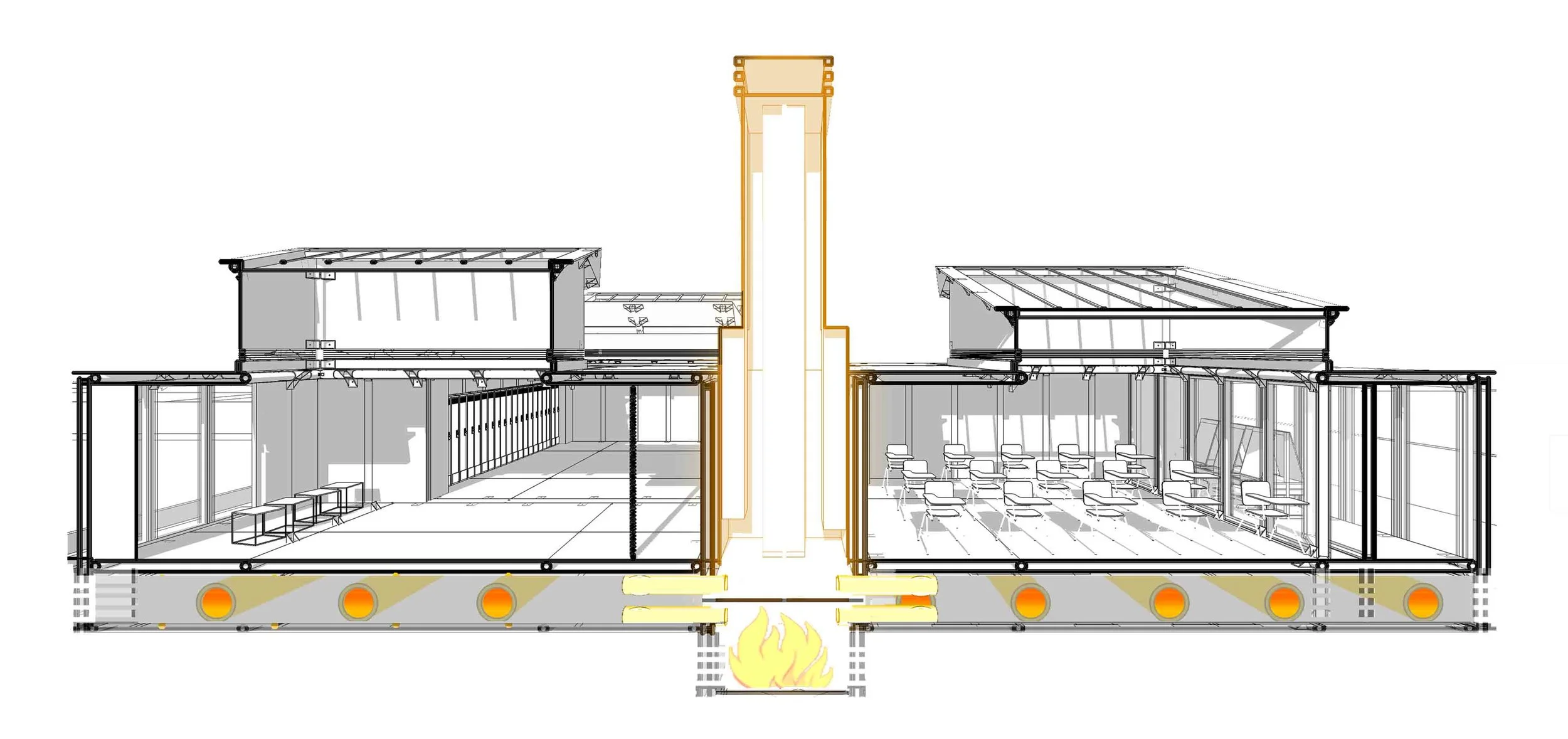  The heating system is placed centrally, heating the spaces through the floor and exhausting the smoke through a central chimney.
