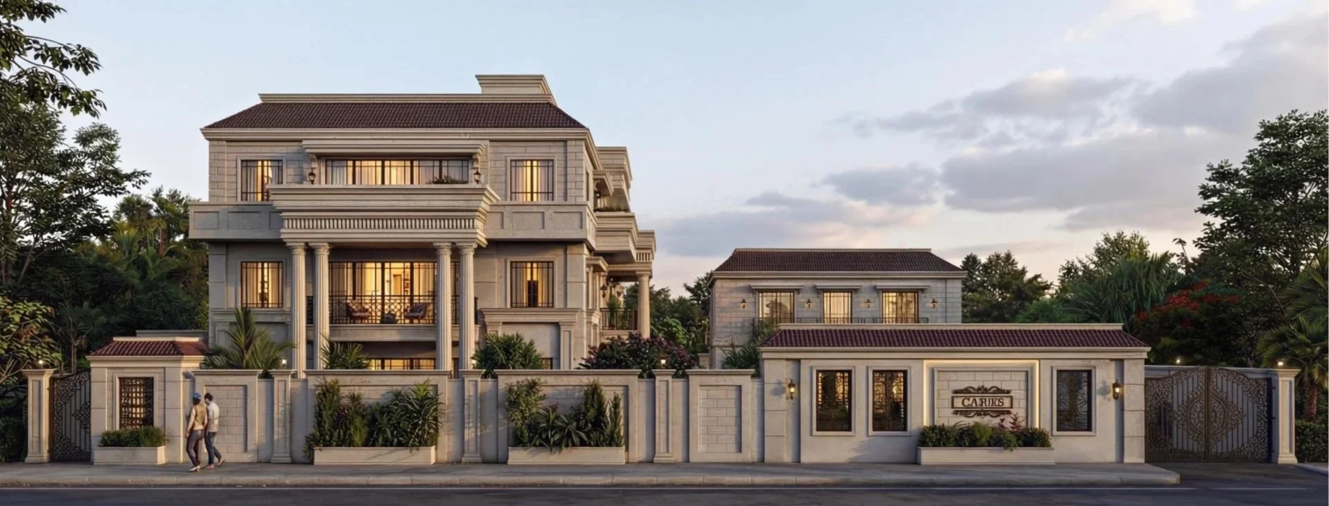 Luxury multi-story house with a stone exterior, balconies, and tall columns, surrounded by a decorative wall and lush greenery.