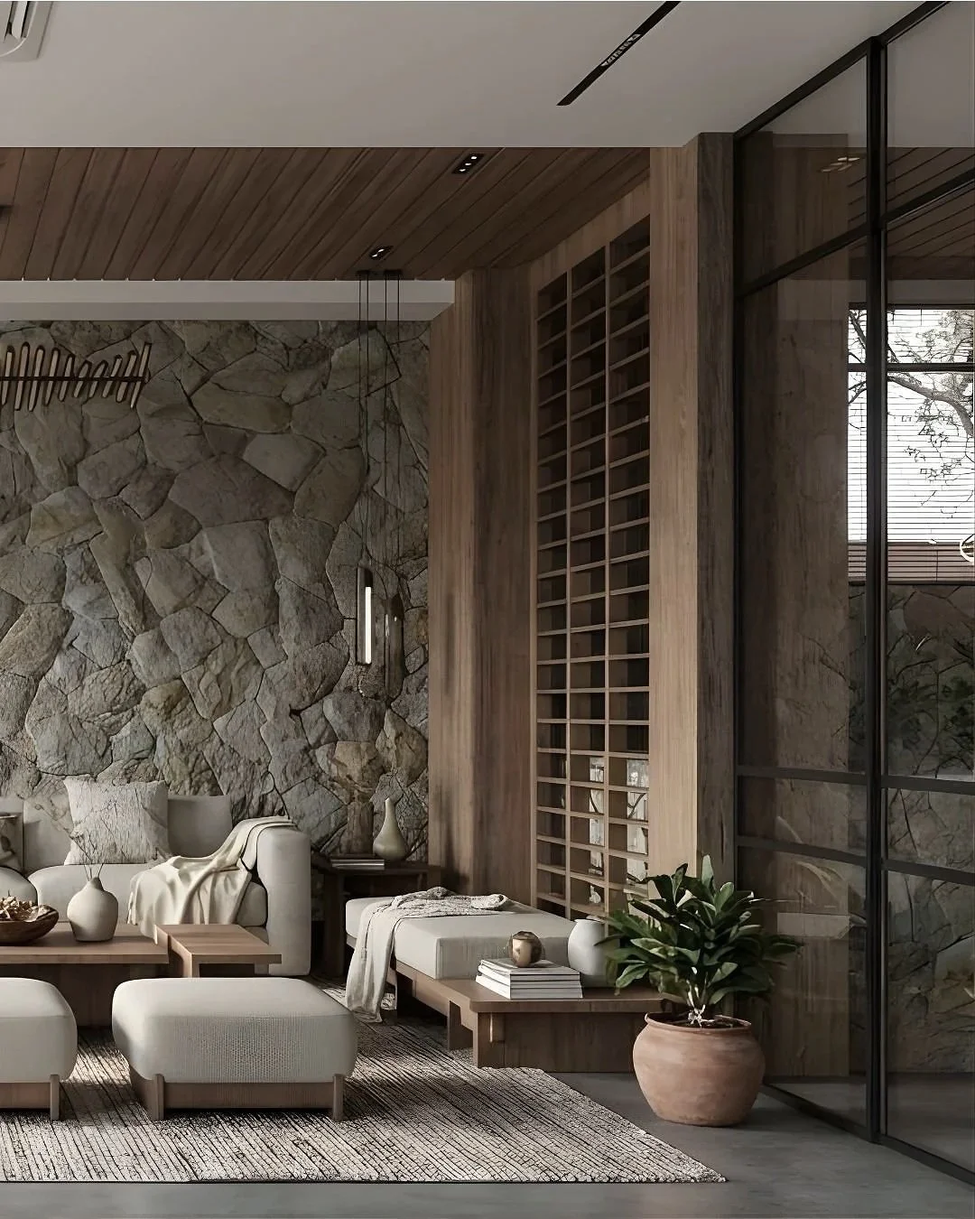 Modern living room with stone accent wall, wooden paneling, and large glass windows. Features white furniture, a potted plant, and decorative vases.