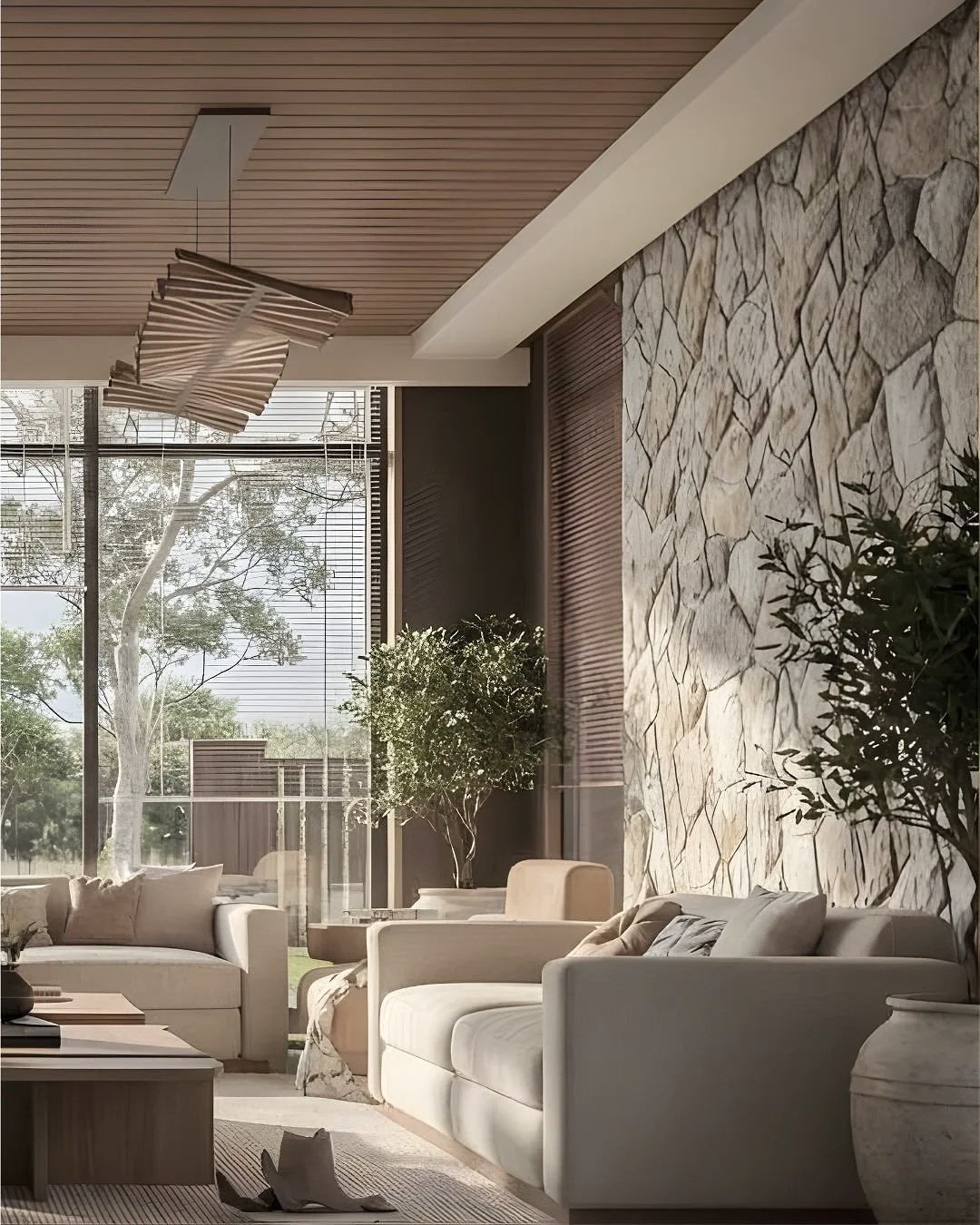 Living room with beige sofas near large glass windows, wooden ceiling, stone wall, potted plants, and modern pendant light.