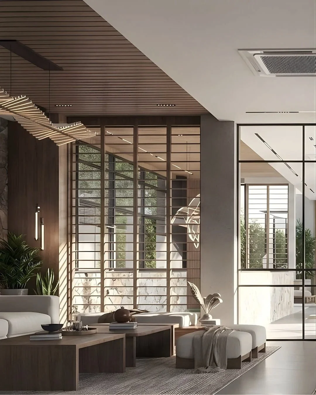 Modern living room with wooden accents, large windows with horizontal blinds, comfortable white seating, and minimal decor.