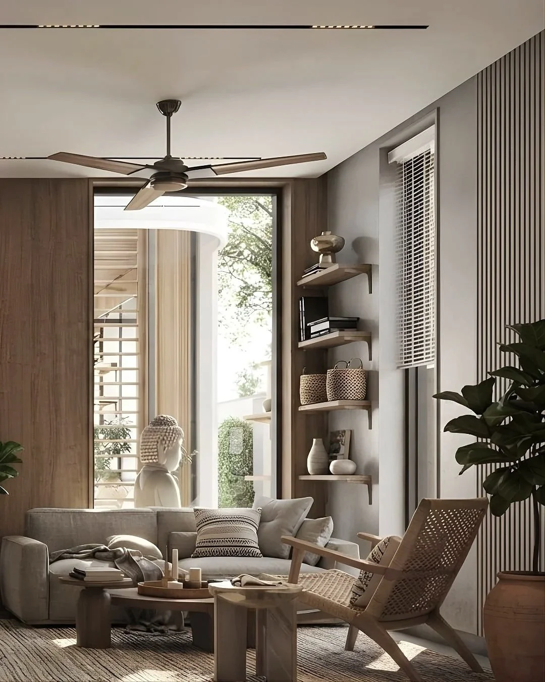 Modern living room with a grey sofa, patterned pillows, wooden shelving with decorative items, a wooden chair, potted plant, large window allowing natural light, and a ceiling fan.