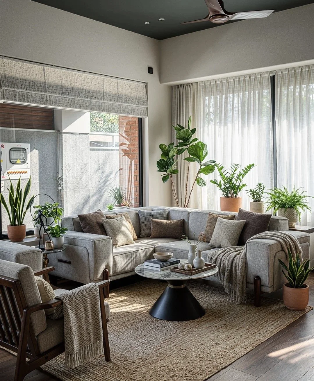 Living room with beige sectional sofa, coffee table, large potted plant, and large window with white curtains.