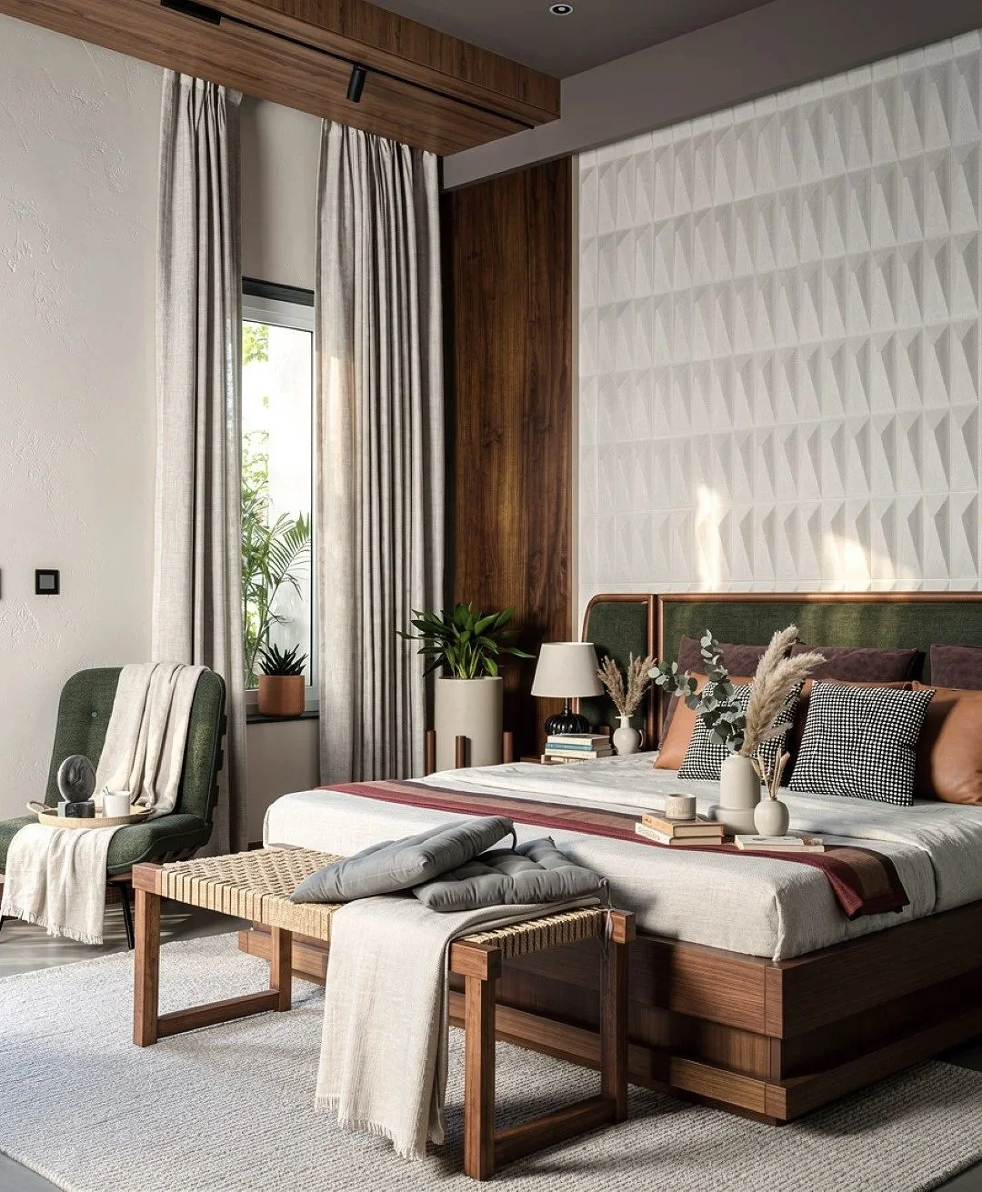 A bedroom with a bed, decorative pillows, a bedside table with a lamp and books, a green upholstered armchair with a tray of candles, a large window with beige curtains, a potted plant, a bench with cushions and a blanket, a textured beige wall, and 
