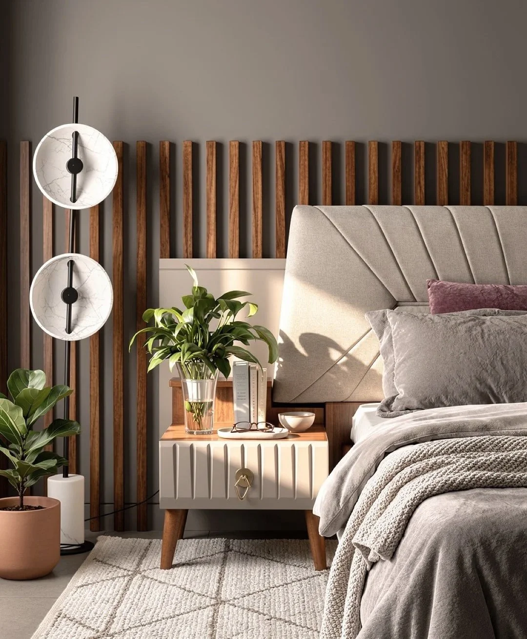 A bedside table with a potted plant, a bed with a beige headboard and pillows, wooden slat wall, and modern floor lamp with dual circular shades.