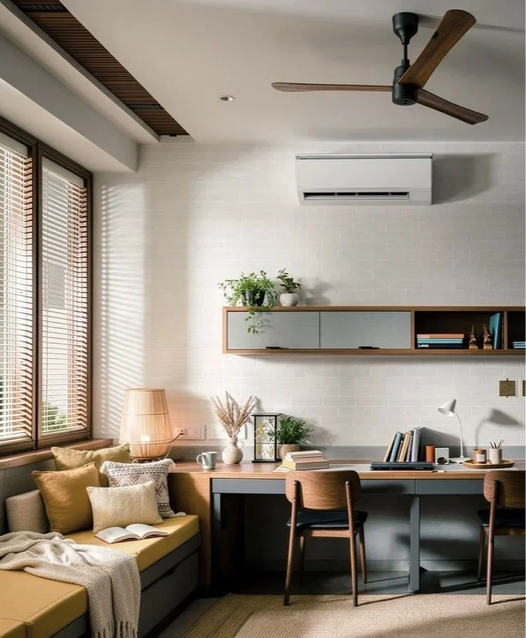 A cozy workspace with a desk, bookshelf, and a sitting area in a well-lit room. The room has wooden accents, a ceiling fan, and beige walls.