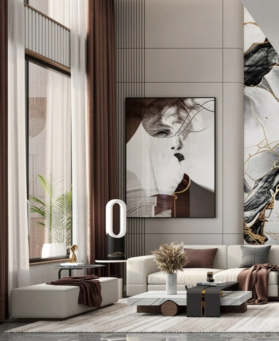 Modern living room with beige sectional sofa, marble coffee table, abstract artwork of two faces on the wall, large windows with sheer curtains, decorative plants, and a gold and black chandelier.