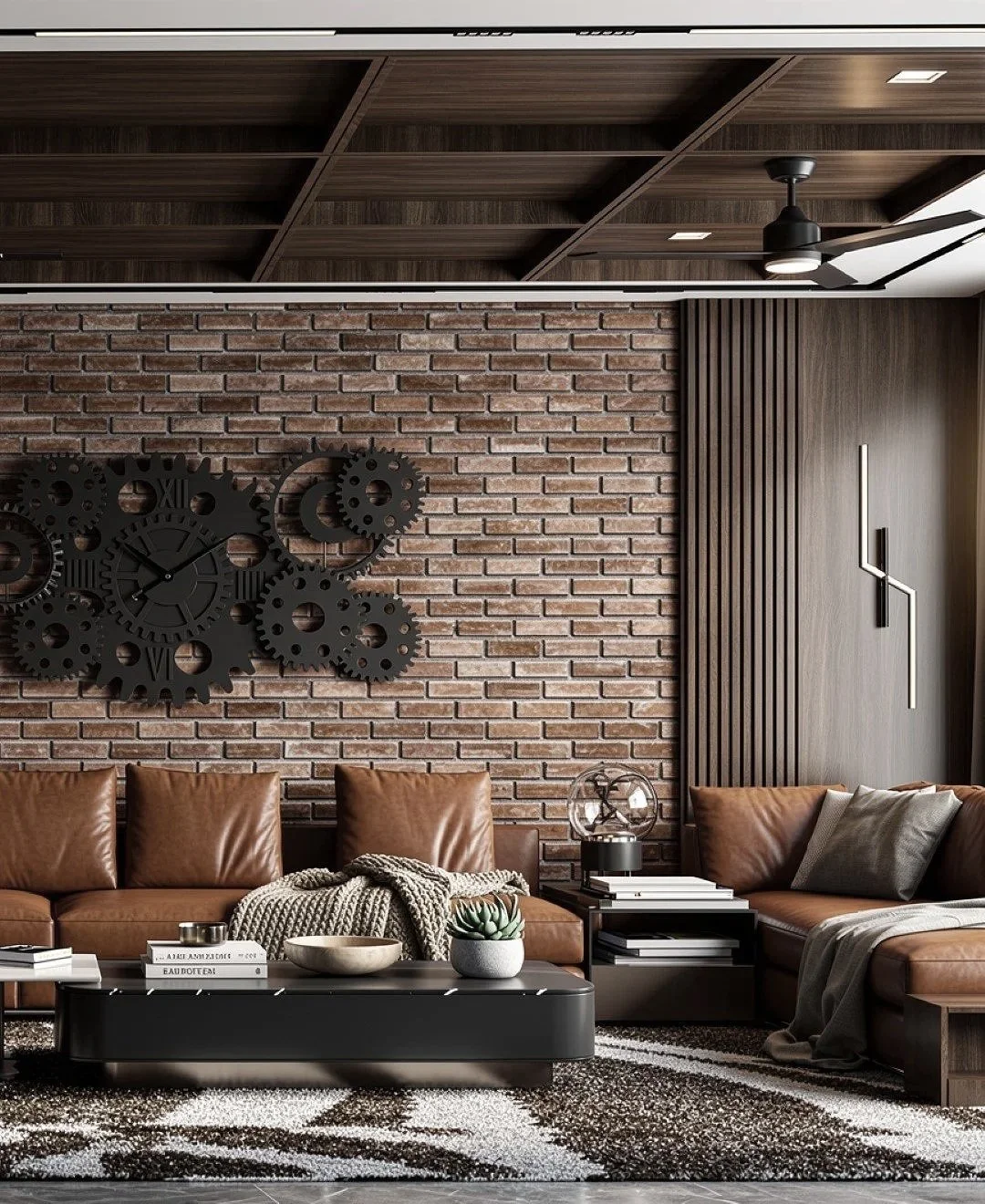 Living room with a brick wall, gear-shaped wall clock, leather couches, a coffee table with books and decorative items, and a wooden ceiling with a ceiling fan.