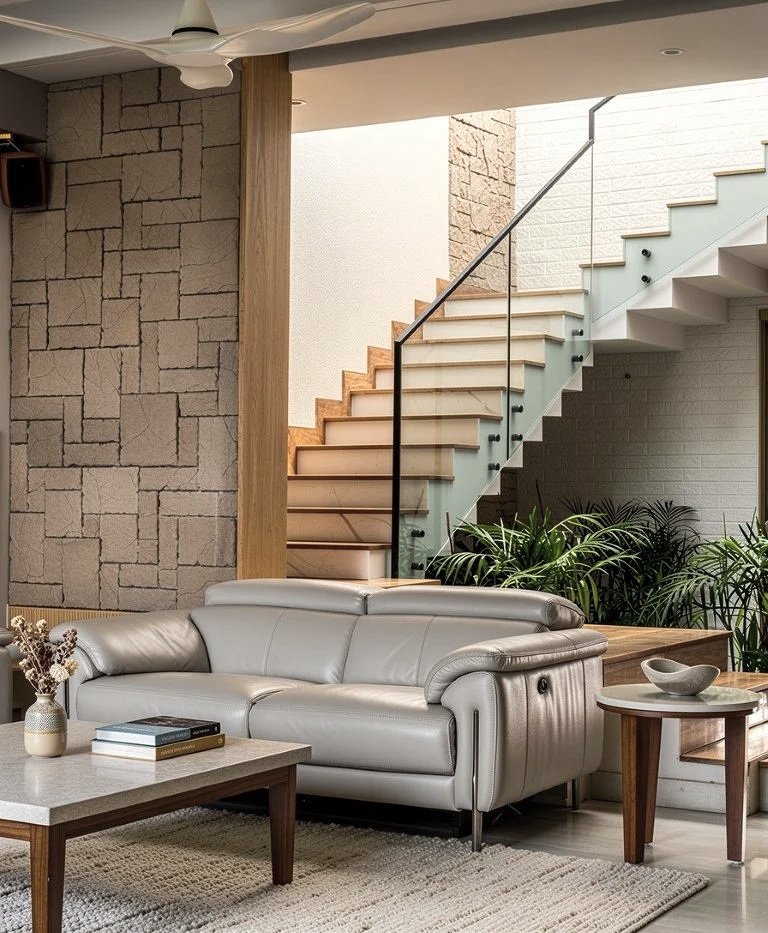 Living room with a white leather sofa, wooden coffee table with books and a vase, a side table with a bowl, and plants near a modern staircase with glass railing and wooden steps.