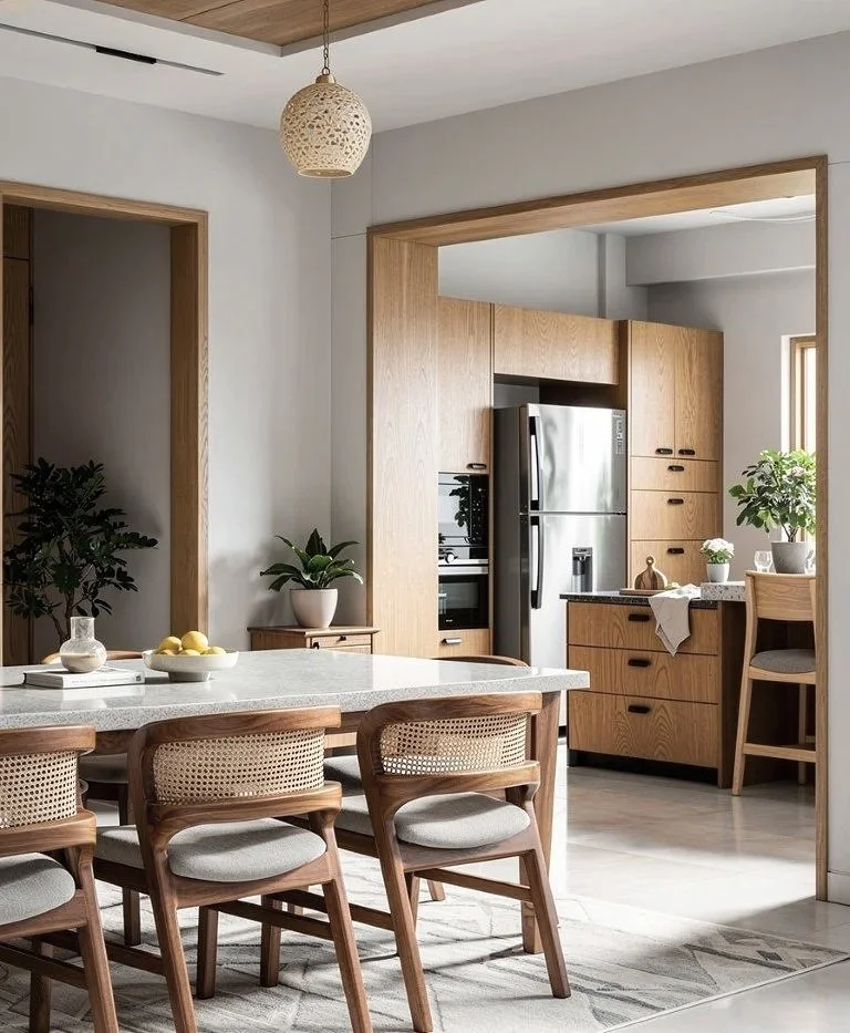 A modern kitchen with wooden cabinets, a stainless steel refrigerator, and a small dining table with chairs. A hanging lamp is above the table, and a bowl of lemons is on the table.
