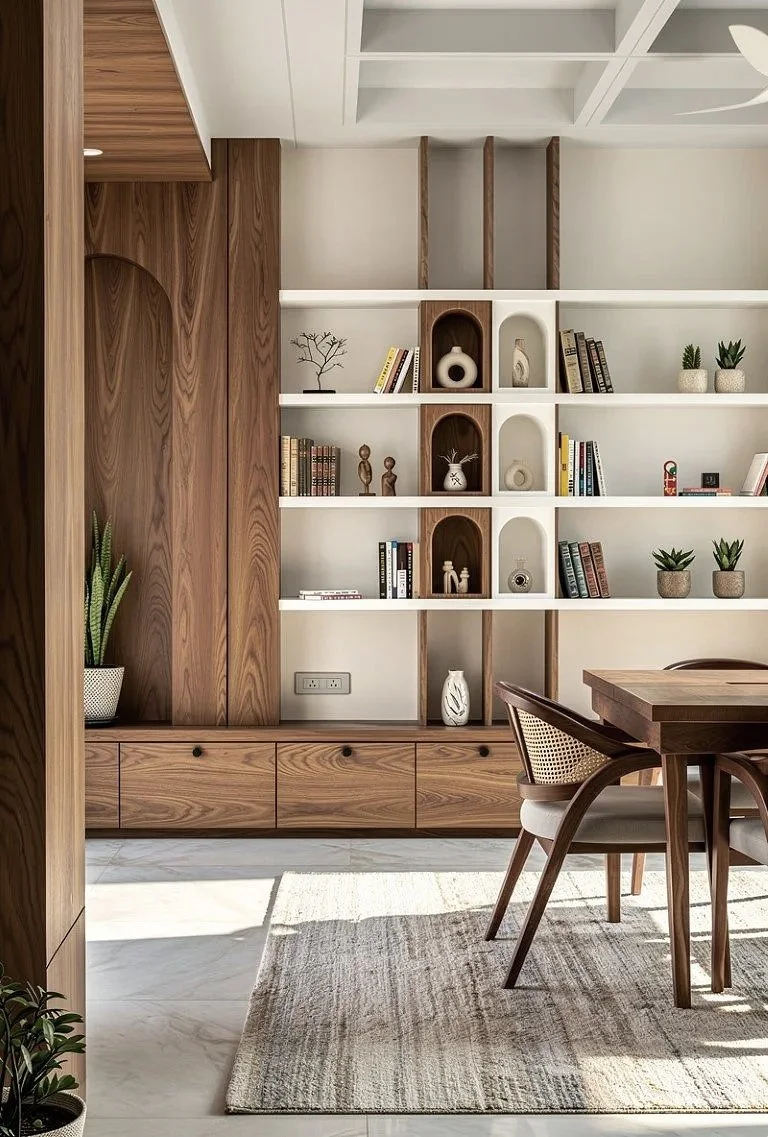 Wooden shelving unit with decorative vases, books, and small plants in a room with light-colored walls and a dining table with chairs.