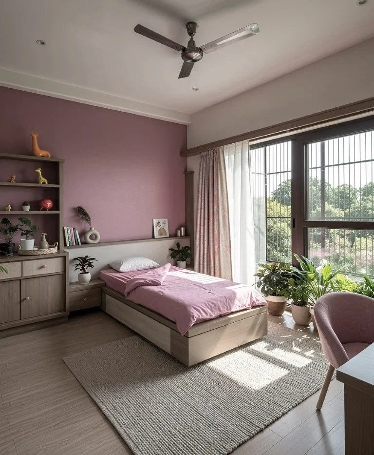 A bedroom with a pink accent wall, a bed with pink bedding, a wooden side table, and a large window with sliding glass doors leading to a balcony. The room is decorated with small plants, books, and animal figurines, and has hardwood flooring with a 