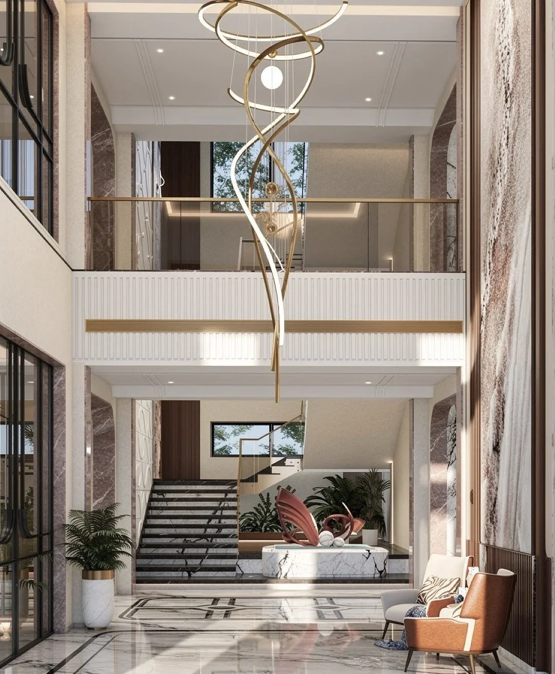Interior lobby with marble floors, modern staircase, abstract wall art, plants, and stylish seating area.