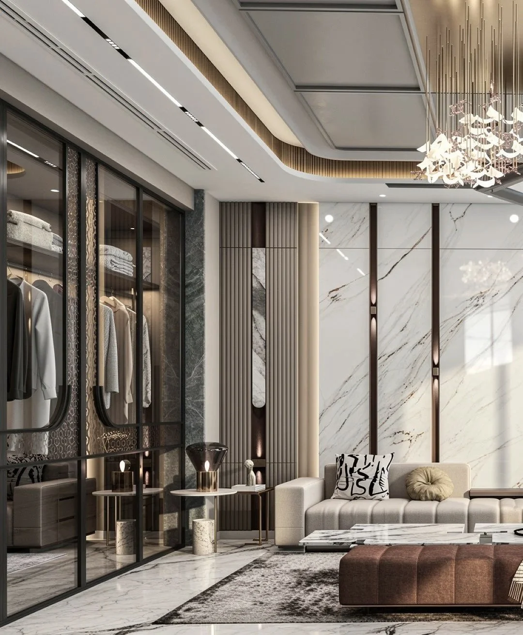 Luxurious modern living room with marble walls and floors, a glass-walled closet with clothes, and elegant furniture including a beige sofa with decorative pillows, a brown leather ottoman, and a marble-top side table.