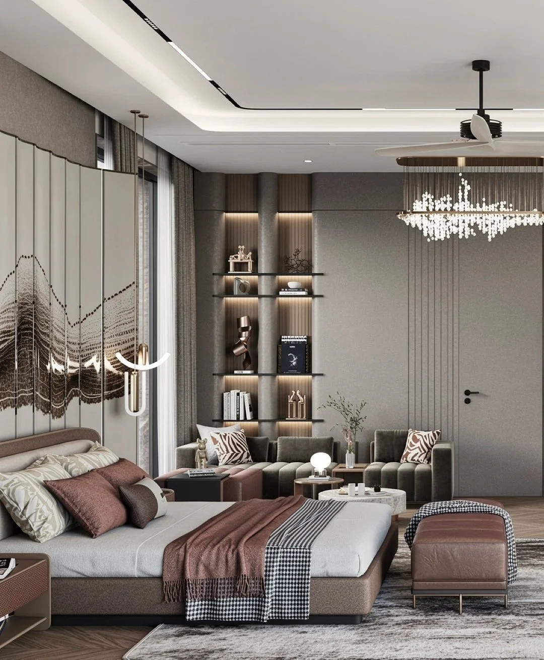 Interior of a luxurious building lobby with marble flooring, modern staircase, decorative sculptures, and stylish seating. A winding gold chandelier hangs from the ceiling.