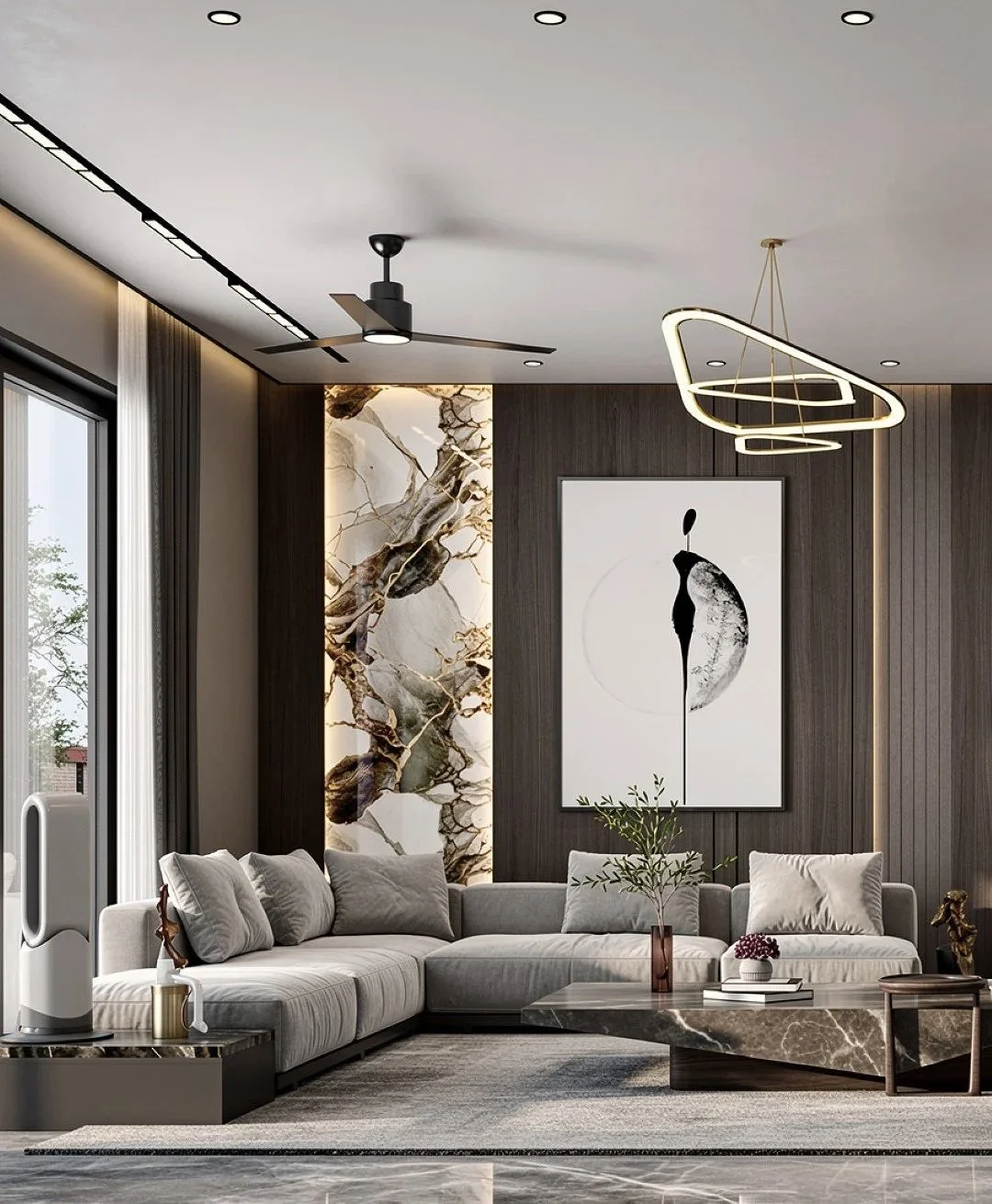Modern living room with a sectional sofa, abstract wall art, and decorative lighting fixtures.