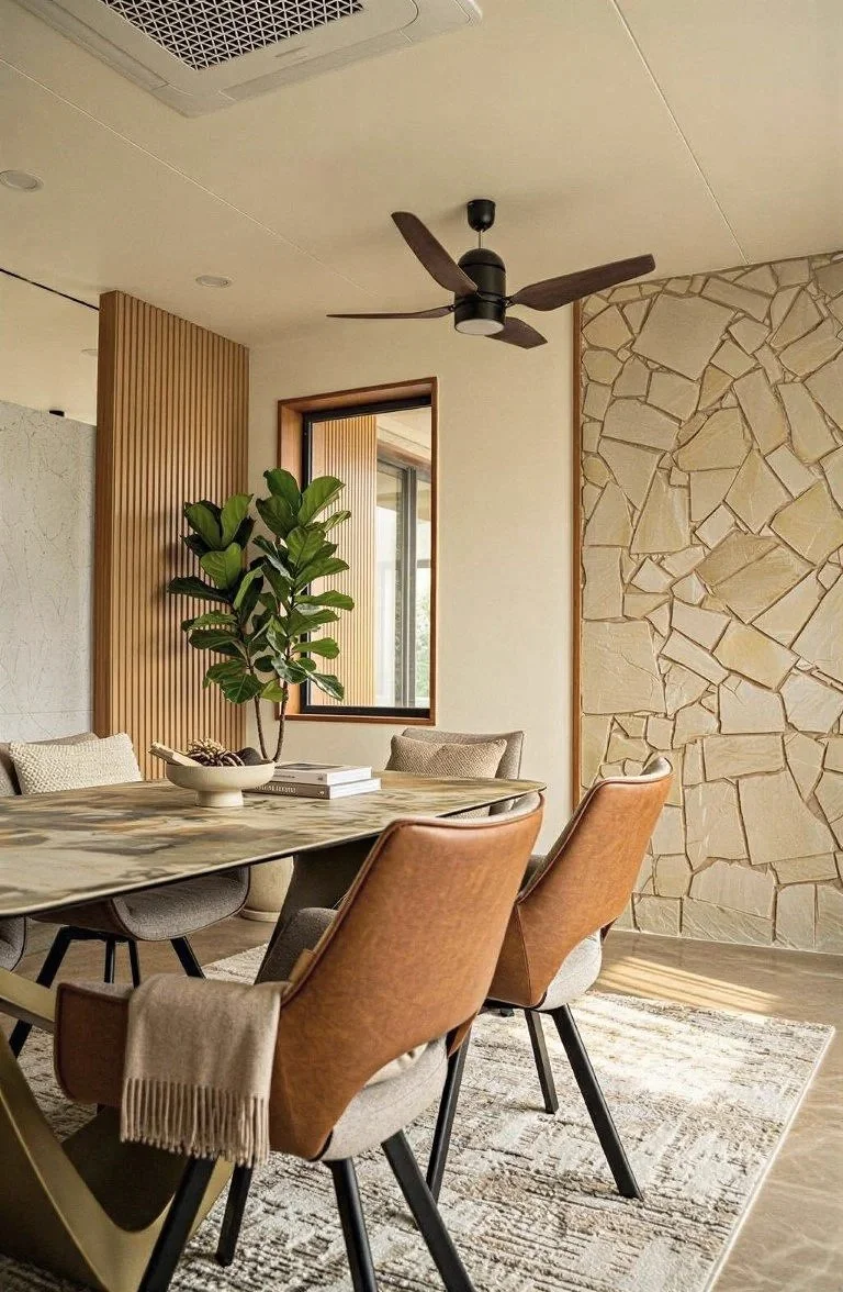 Modern dining room with a marble table, upholstered chairs, a large green plant, a stone accent wall, a window with wooden slats, and a ceiling fan.