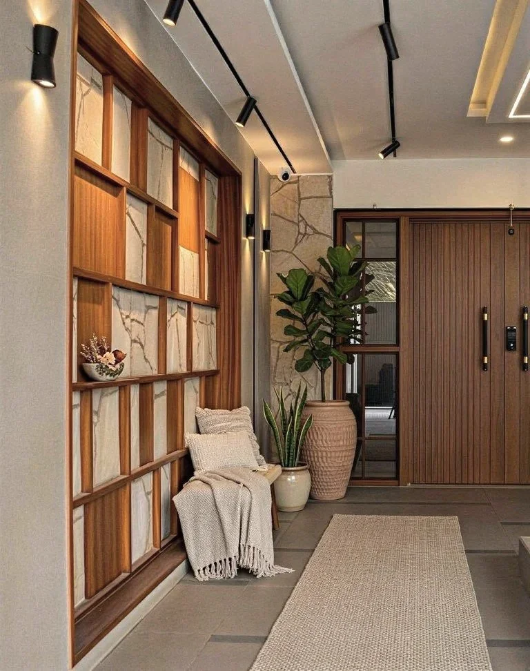Interior entrance with wooden sliding door, potted plants, and a bench with a blanket and cushion.