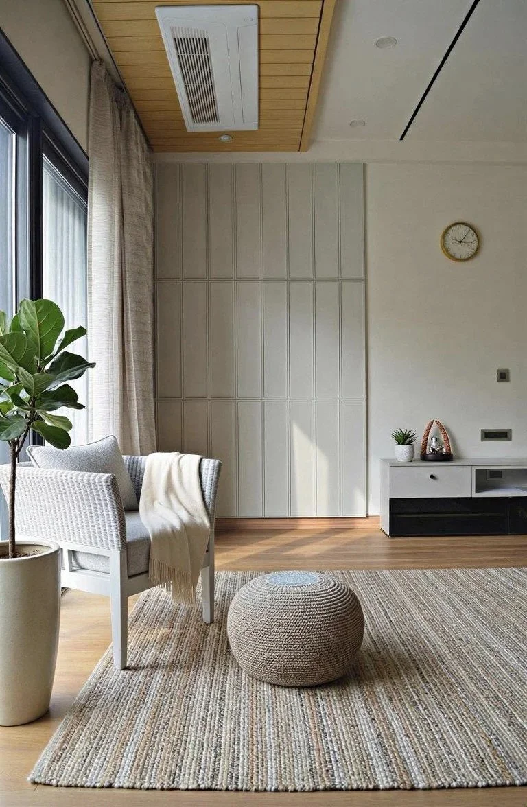 Living room with beige and white furniture, a potted plant, a large textured ottoman, a striped area rug, wall-mounted television, and a window with curtains.