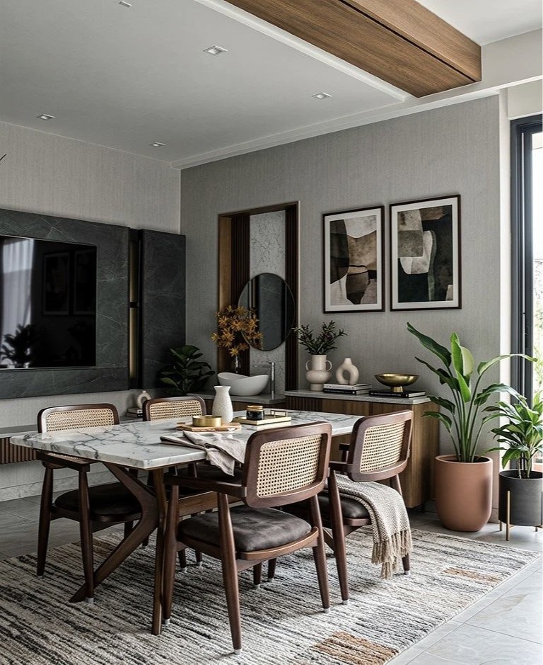Modern dining room with a marble table, six wooden chairs with woven backs, a sideboard with white decor items, and large potted plants near a window, finished with abstract framed art on the wall.