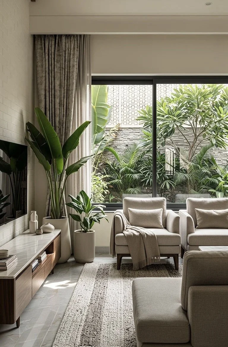 Living room with large window, cream-colored armchairs, beige throw blanket, potted plants, a wooden console with decor items, a textured rug, and a view of greenery outside.