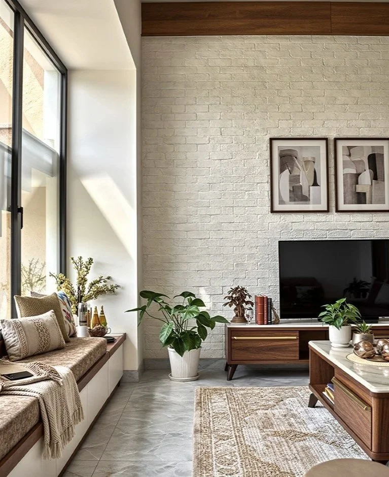 Modern living room with a white brick wall, wall art, a flat-screen TV on a wooden console, a large plant, a window seat with pillows, and a coffee table.