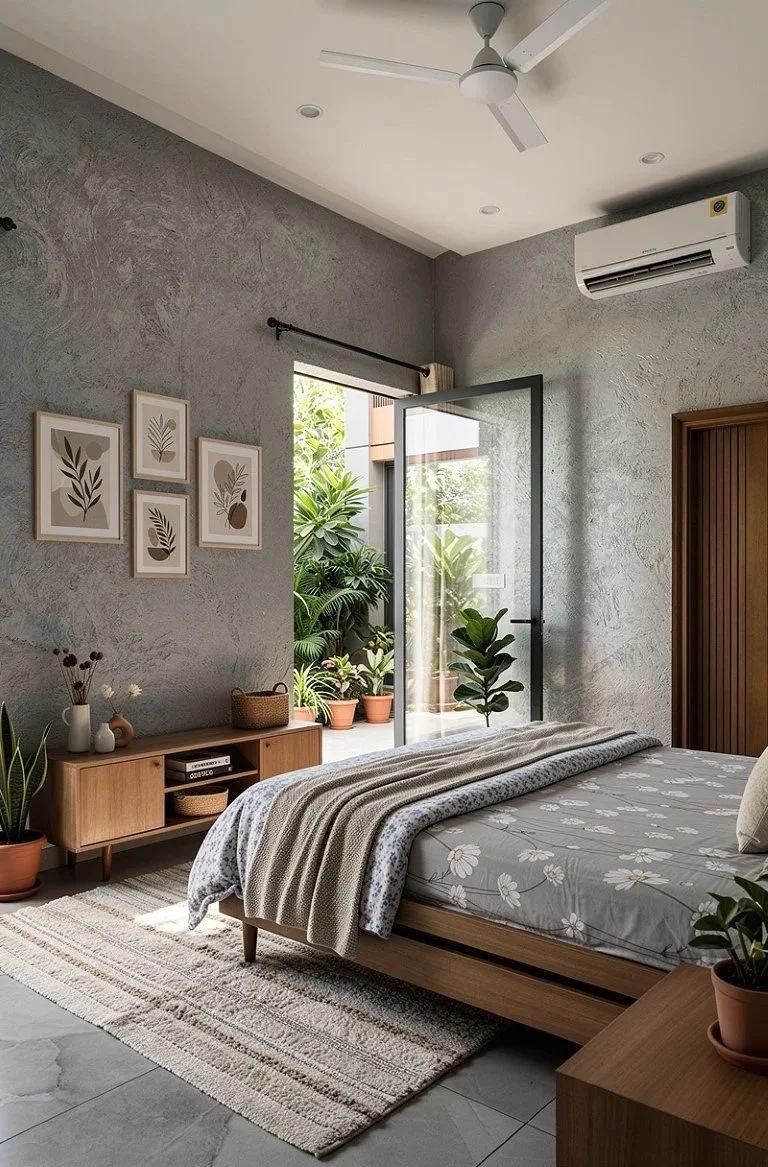 A bedroom with a wooden bed, floral bedsheet, and blankets, a wooden side table, wall art, potted plants, a door leading outside to a garden, an air conditioning unit, and a ceiling fan.