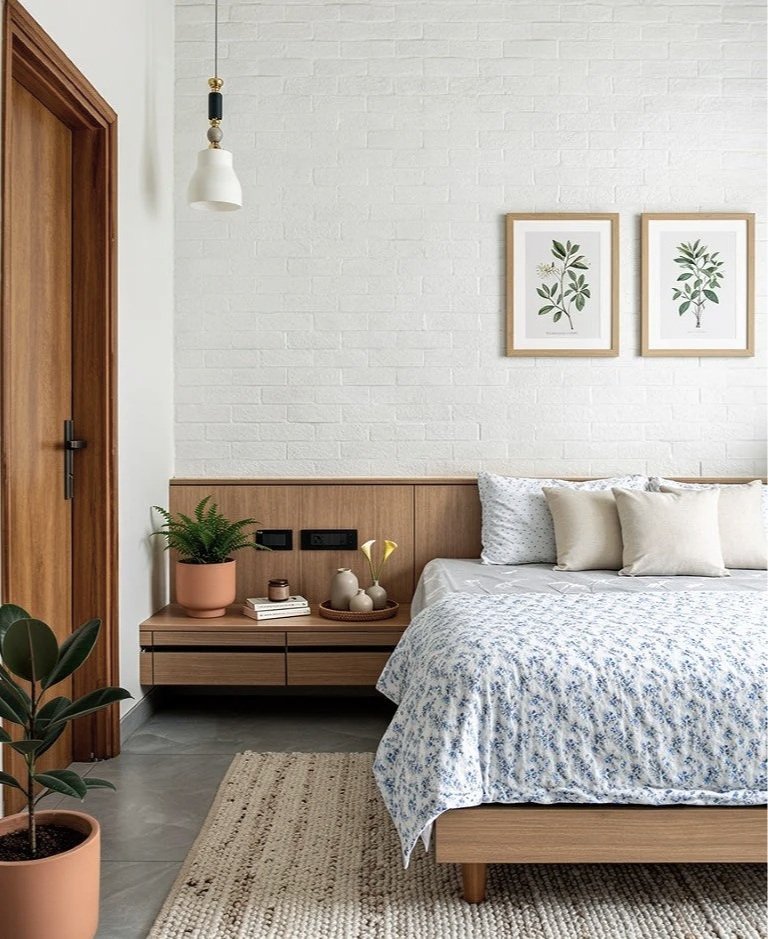 A cozy bedroom with a white brick wall, framed botanical prints, a wooden bed with light-colored bedding and pillows, a wooden nightstand with a potted plant and decorative items, and a beige woven rug on a gray tiled floor.