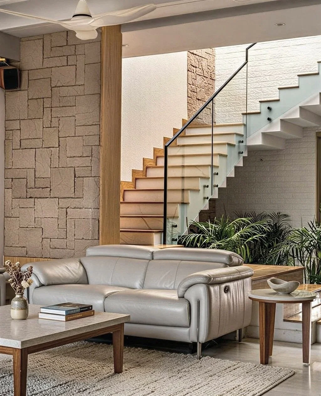 Living room with beige leather sofa, wooden coffee table with books, decorative vase, and a side table with a bowl. Modern staircase with glass railing and wooden steps leading upstairs, with indoor plants next to it. Ceiling fan above.