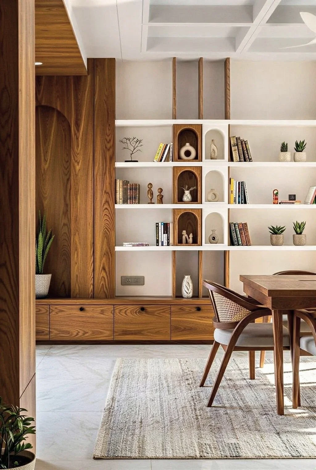 Living room corner with wooden shelves and white cabinets containing books, decorative vases, and small plants. Part of a dining table and chairs are visible.