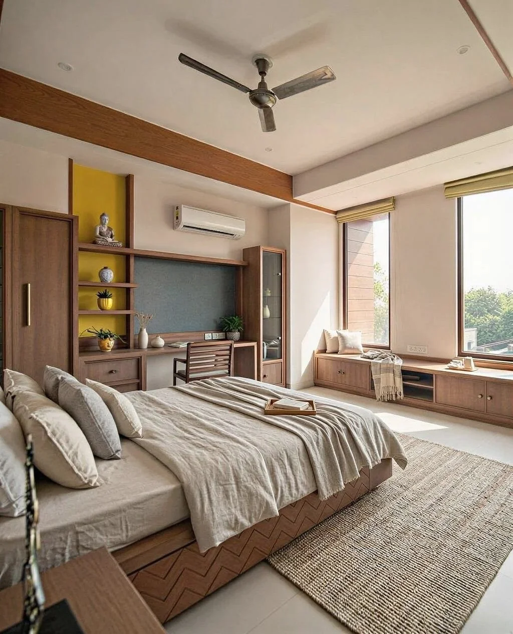 Bright bedroom with large window seating area, neutral tones, wooden furniture, decorative plants, bookshelf, air conditioner, ceiling fan, and cozy bedding.