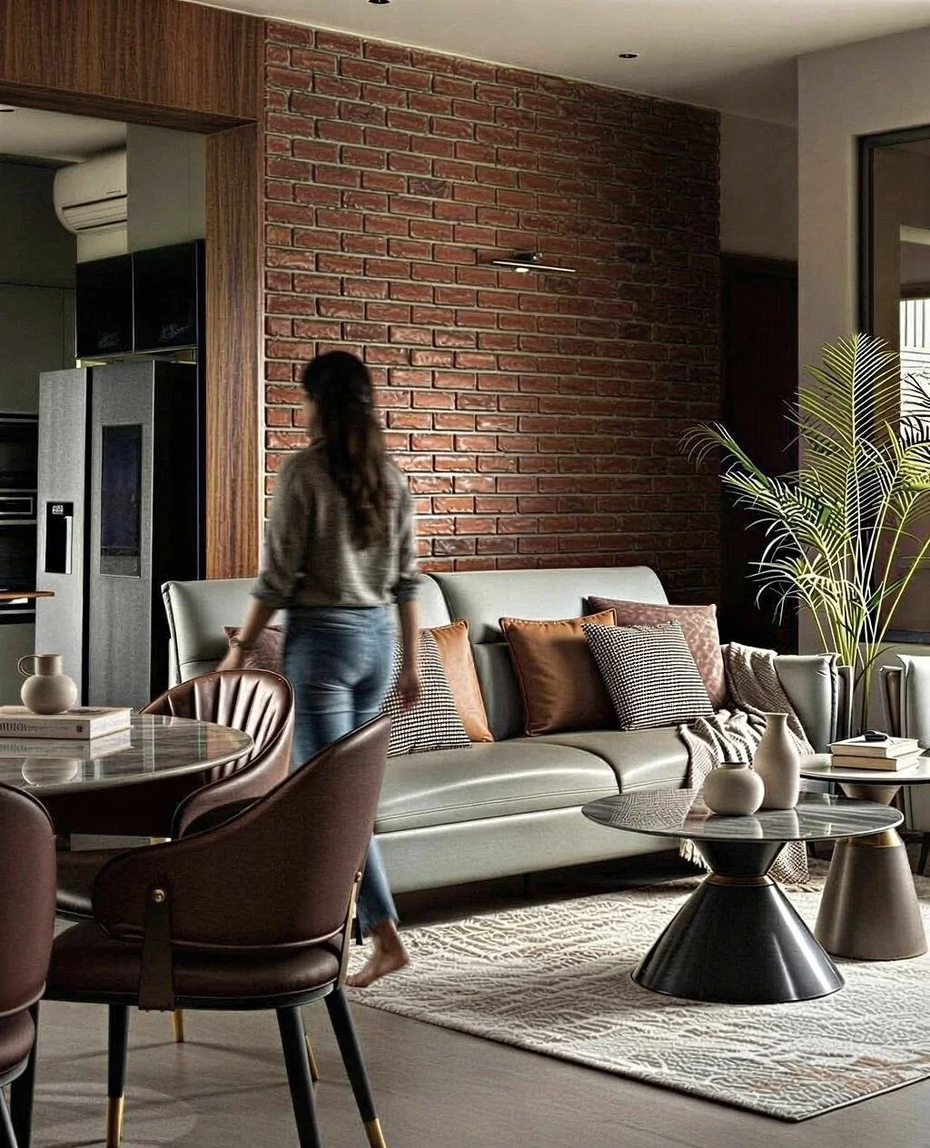 Interior of a modern living room with a brick wall, a beige sofa with patterned and solid pillows, a woman walking past, a wooden dining table with brown chairs, black coffee tables, and a large green indoor plant near a window.