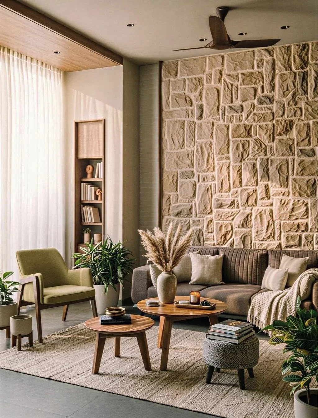 A modern living room with a stone accent wall, green armchair, gray sofa with beige pillows, round wooden coffee tables, a beige rug, potted plants, books, and decorative items, with sunlight filtering through sheer curtains.