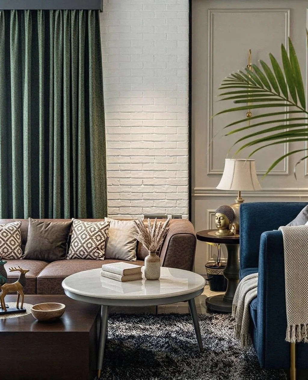 Living room with a pink sofa, green curtains, white brick wall, and blue armchair. Decorative cushions, a round white coffee table with books and a vase, a side table with a lamp and Buddha head sculpture, and a black and white rug.