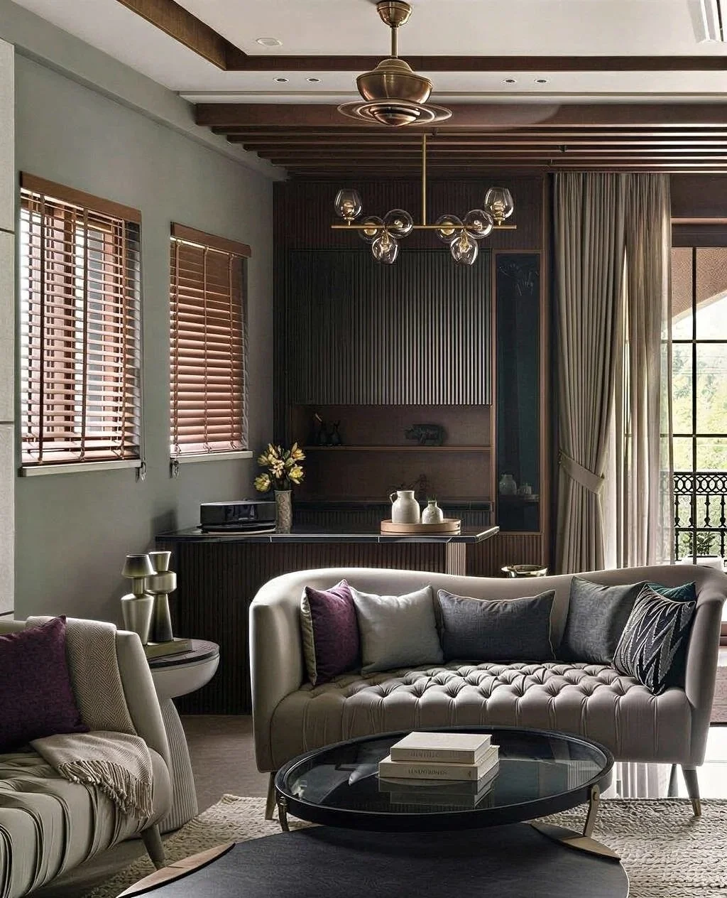 Living room with beige tufted sofa, purple and gray throw pillows, a black glass coffee table with books, a round side table with gold decor, a dark wood cabinet, a chandelier with glass globes, wooden blinds, and large windows with curtains.