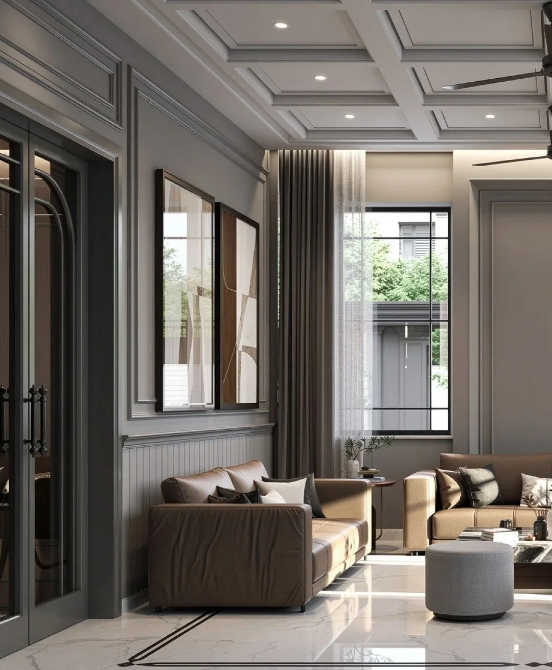 Elegant living room with beige sofas, large windows with sheer and blackout curtains, modern artwork, and a polished marble floor.