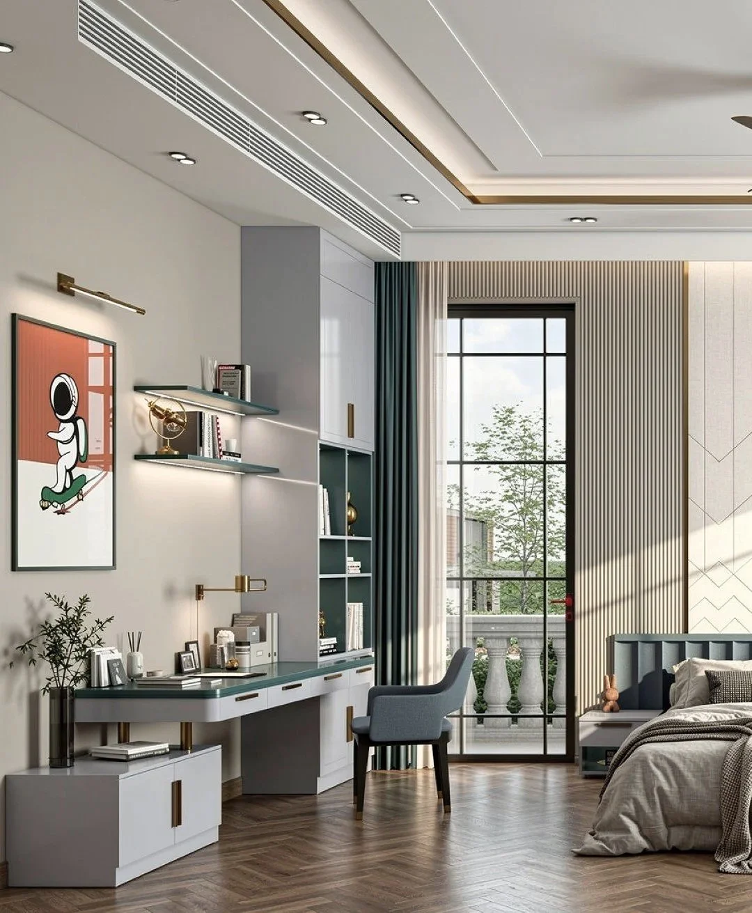 Modern bedroom corner with a desk under a large window, decorated with artwork, books, and decor, with a bed partially visible.