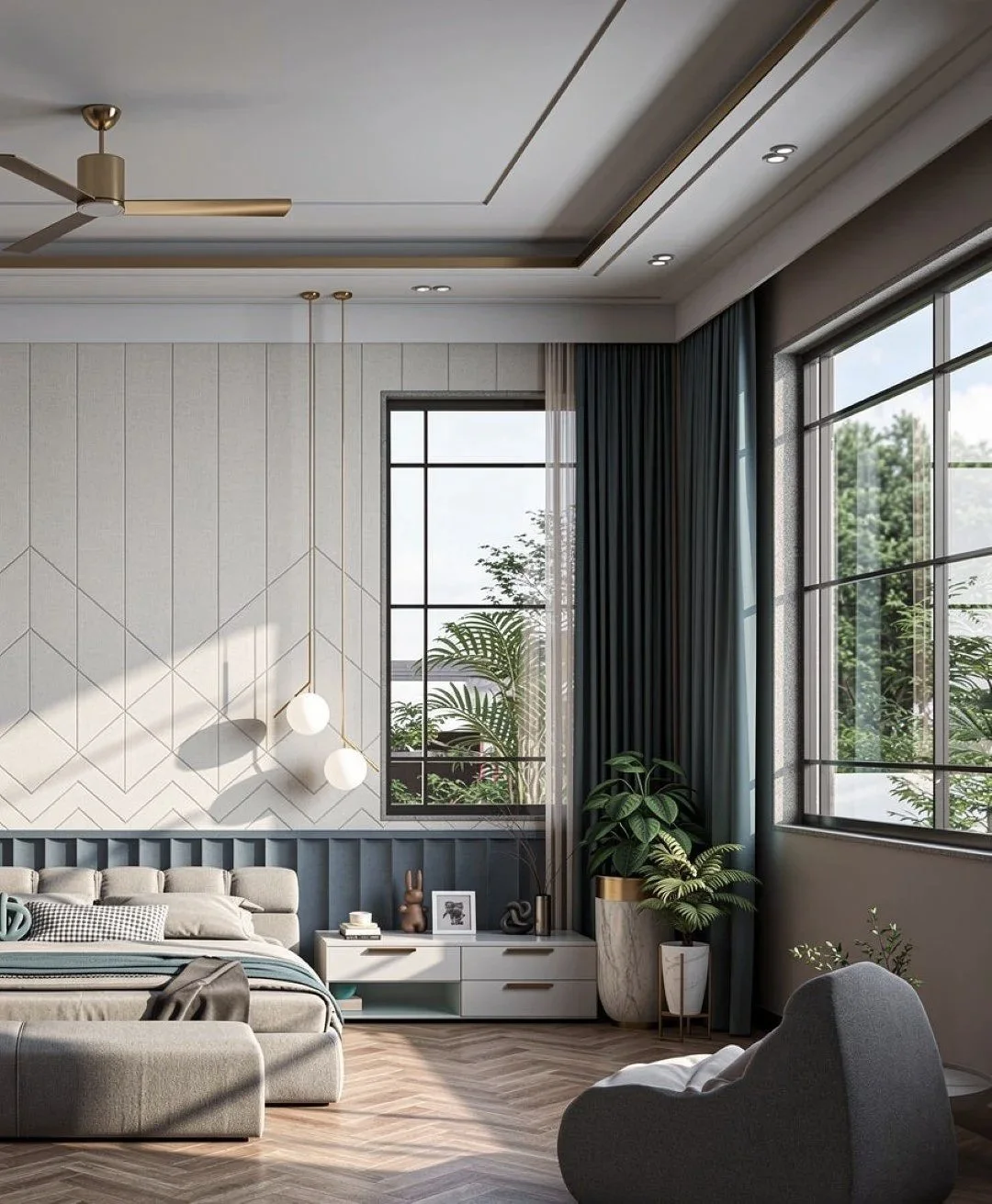 Modern bedroom with large windows, beige bed, white drawers, plants, blue curtains, and pendant lights.